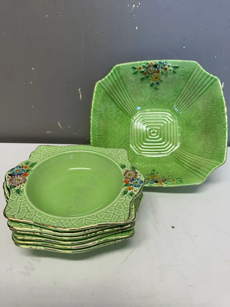 Art Deco Crown Devon Textured Floral Green Bowl Set With Gold Rim Image 1++