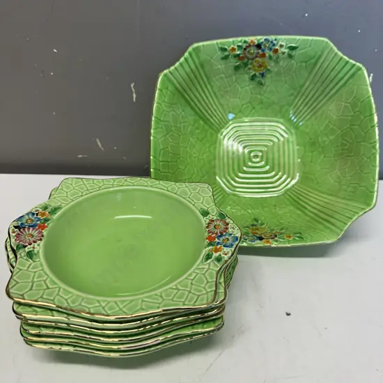 Art Deco Crown Devon Textured Floral Green Bowl Set With Gold Rim