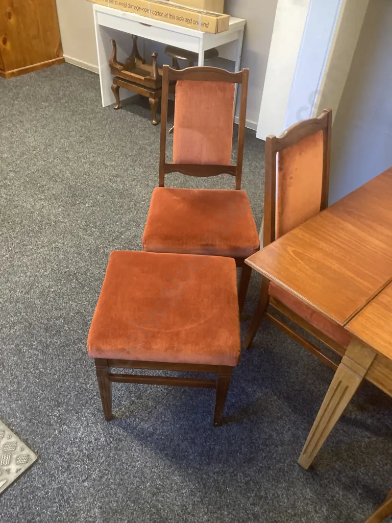 Mahogany Draw Leaf Extension Dining Table With 5 Burnt Orange Colour Draylon Chairs & Matching Stool Image 1++