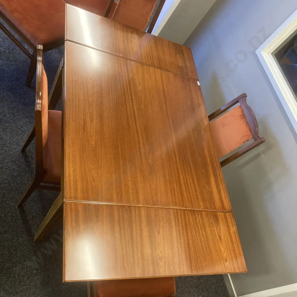 Mahogany Draw Leaf Extension Dining Table With 5 Burnt Orange Colour Draylon Chairs & Matching Stool Image 1++
