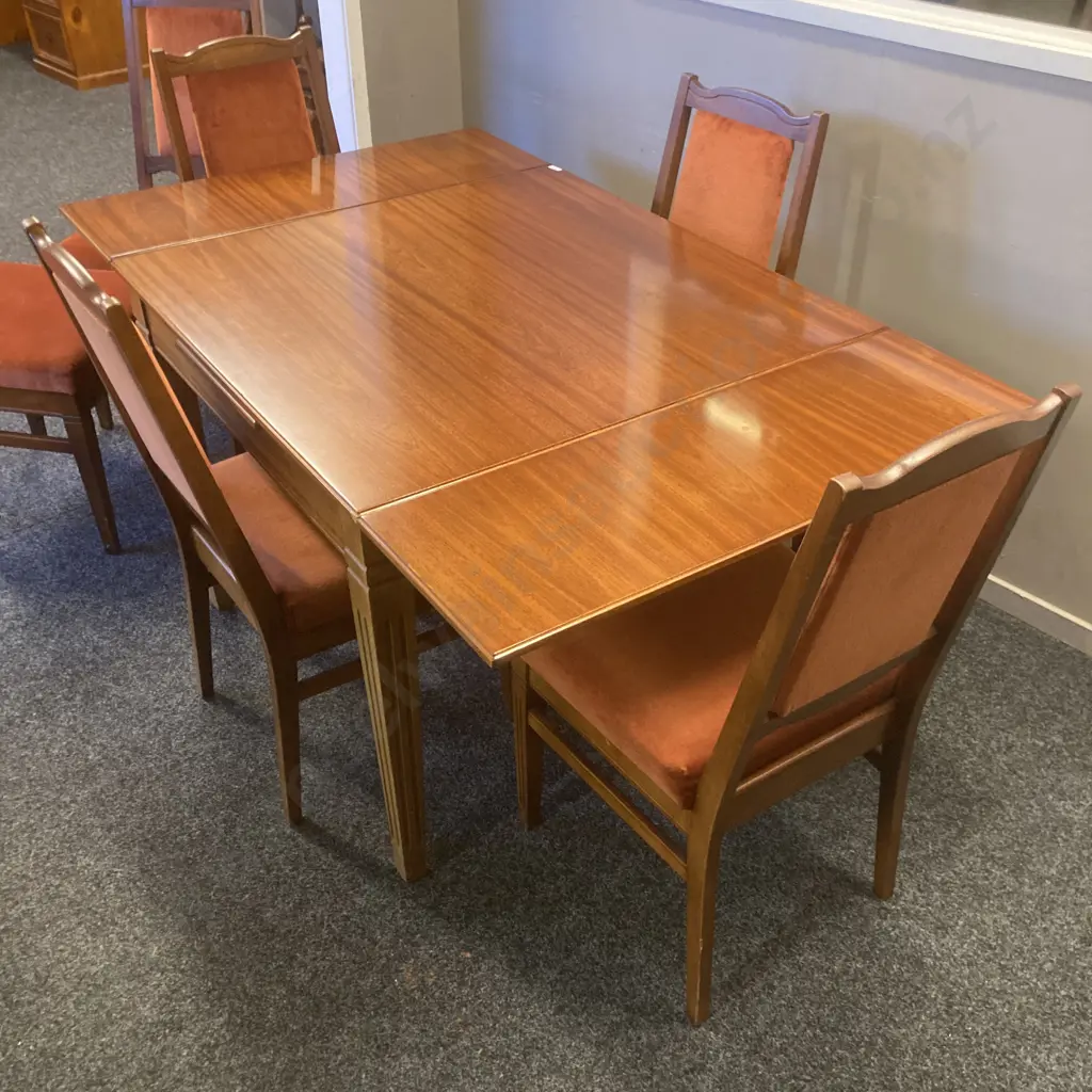 Mahogany Draw Leaf Extension Dining Table With 5 Burnt Orange Colour Draylon Chairs & Matching Stool Image 1++