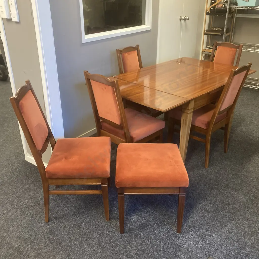 Mahogany Draw Leaf Extension Dining Table With 5 Burnt Orange Colour Draylon Chairs & Matching Stool Image 1++