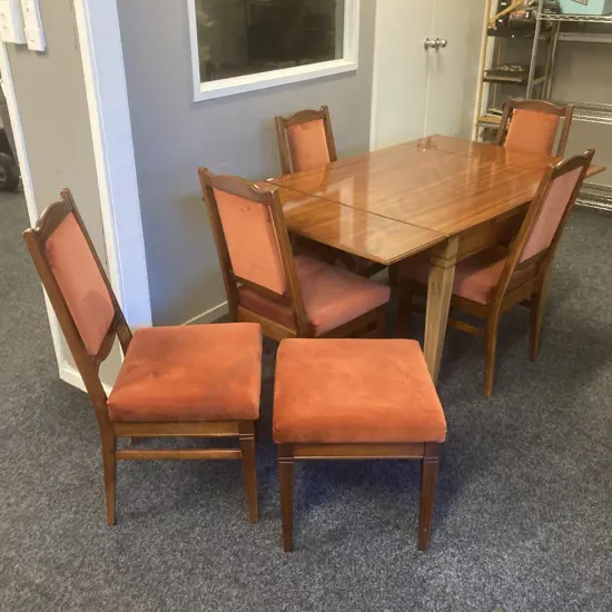 Mahogany Draw Leaf Extension Dining Table With 5 Burnt Orange Colour Draylon Chairs & Matching Stool