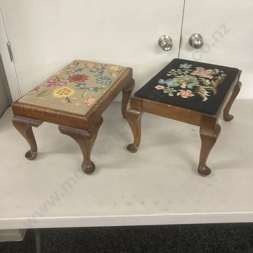 Pair of Antique Footstools With Tapestry Tops, Cabriole legs Image 1++