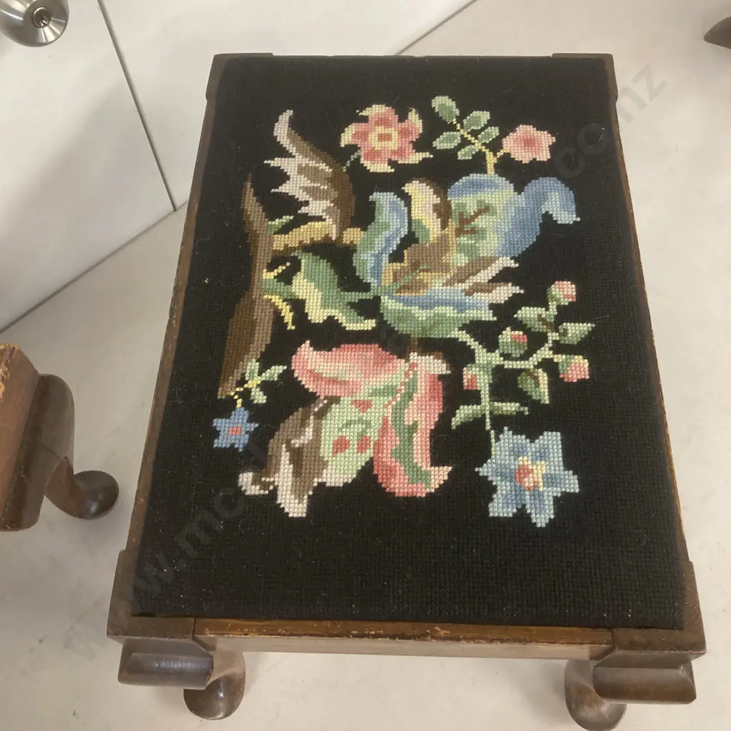 Pair of Antique Footstools With Tapestry Tops, Cabriole legs Image 1++