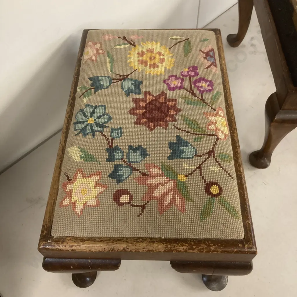 Pair of Antique Footstools With Tapestry Tops, Cabriole legs Image 1++