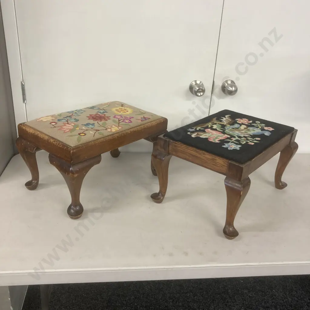 Pair of Antique Footstools With Tapestry Tops, Cabriole legs Image 1++