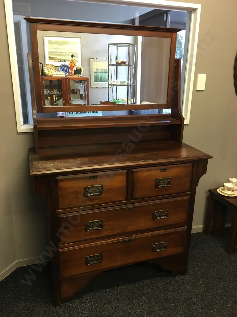 Antique Kauri Dressing Table With Swivel Mirror, 4 Drawer, Metal Drop Handles. H171 W112 D48cm Image 1++