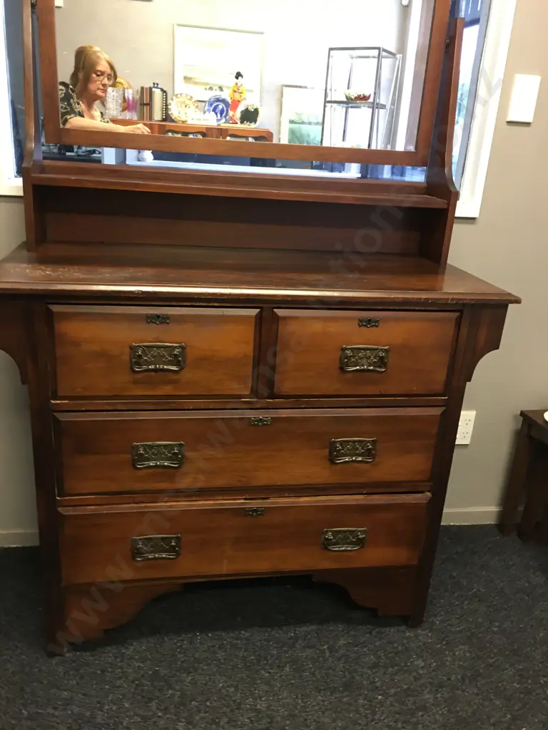 Antique Kauri Dressing Table With Swivel Mirror, 4 Drawer, Metal Drop Handles. H171 W112 D48cm Image 1++