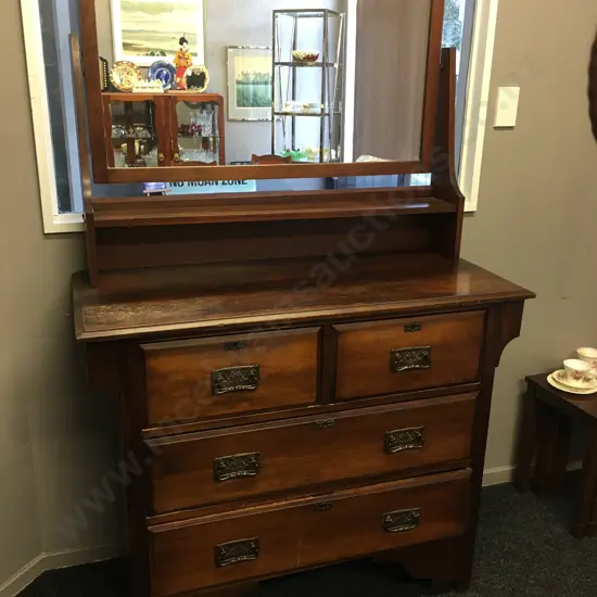 Antique Kauri Dressing Table With Swivel Mirror, 4 Drawer, Metal Drop Handles. H171 W112 D48cm