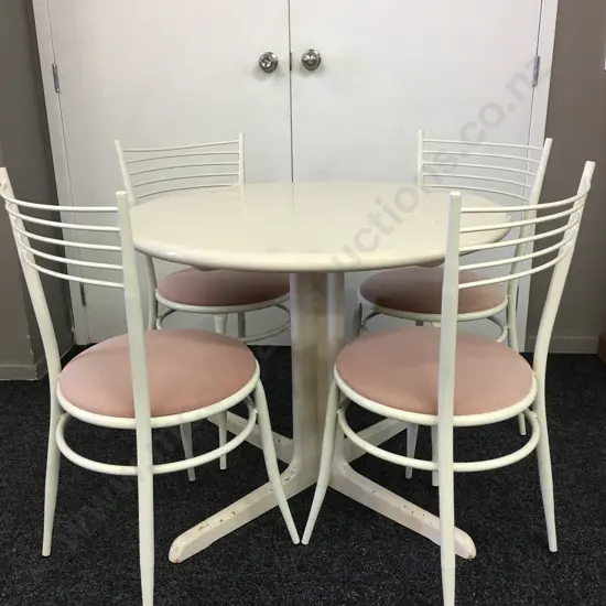 White Lacquered Round Table 72 x 90cm With 4 White Metal Chairs