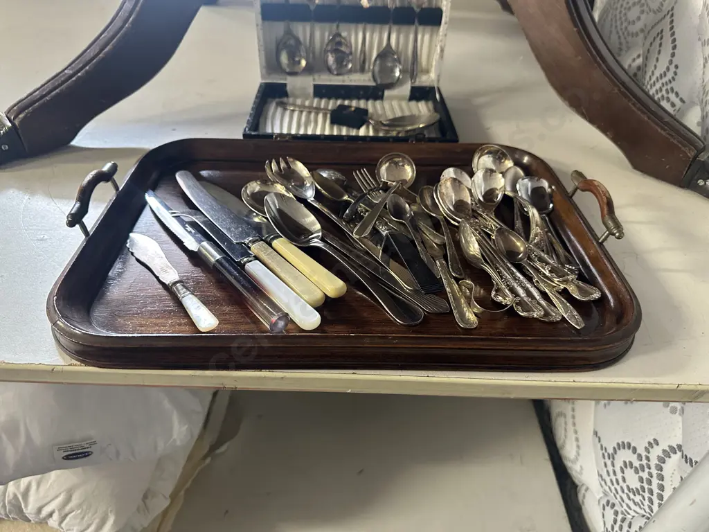 Vintage Double Handled Wooden Tray With Assorted Cutlery Including Boxed Dessert Set Image 1++
