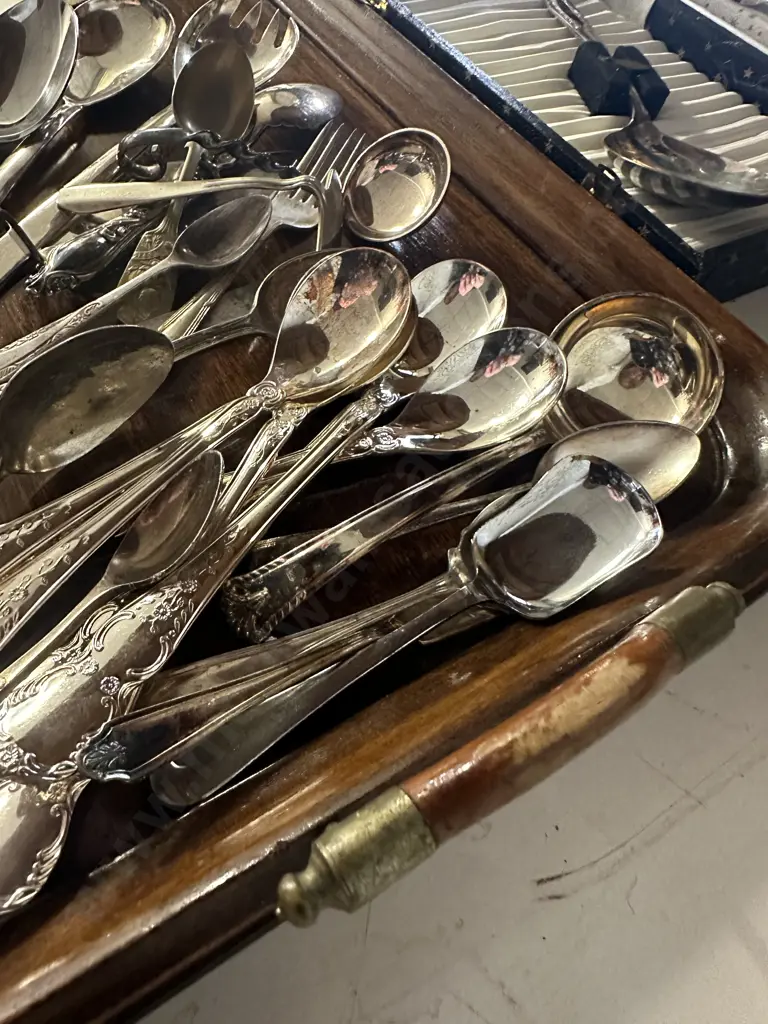Vintage Double Handled Wooden Tray With Assorted Cutlery Including Boxed Dessert Set Image 1++