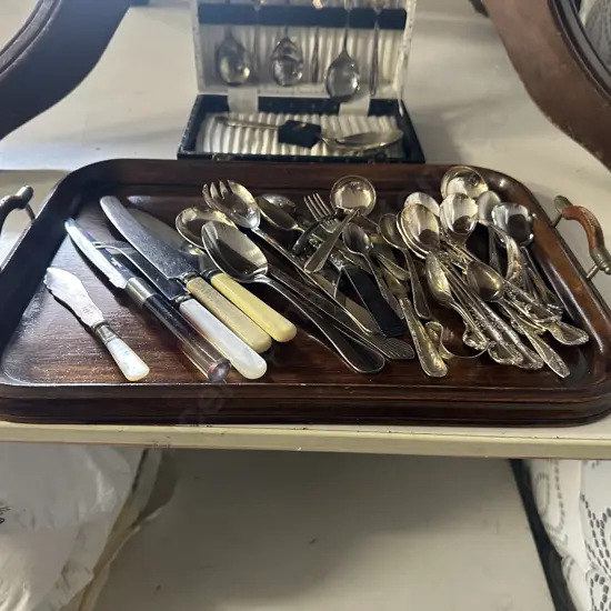 Vintage Double Handled Wooden Tray With Assorted Cutlery Including Boxed Dessert Set