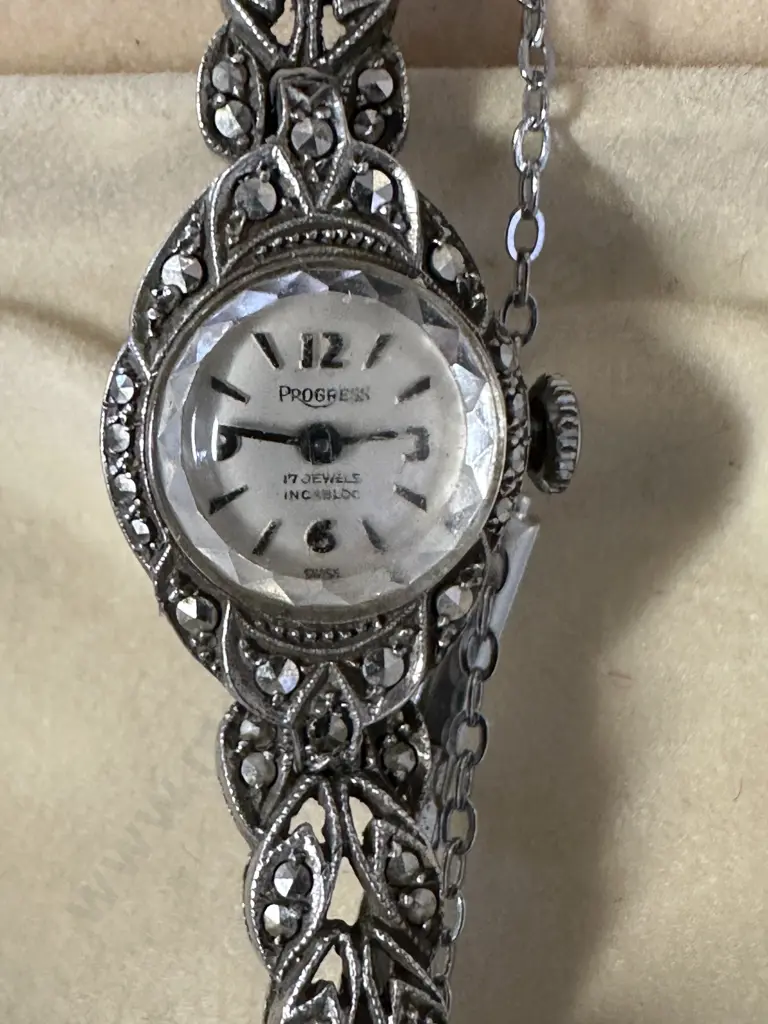 Vintage Art Deco Marcasite Progress  Watch 17 Jewels Image 1++