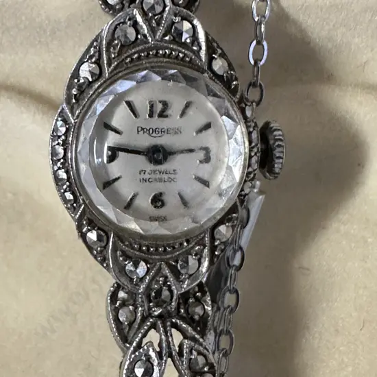 Vintage Art Deco Marcasite Progress  Watch 17 Jewels
