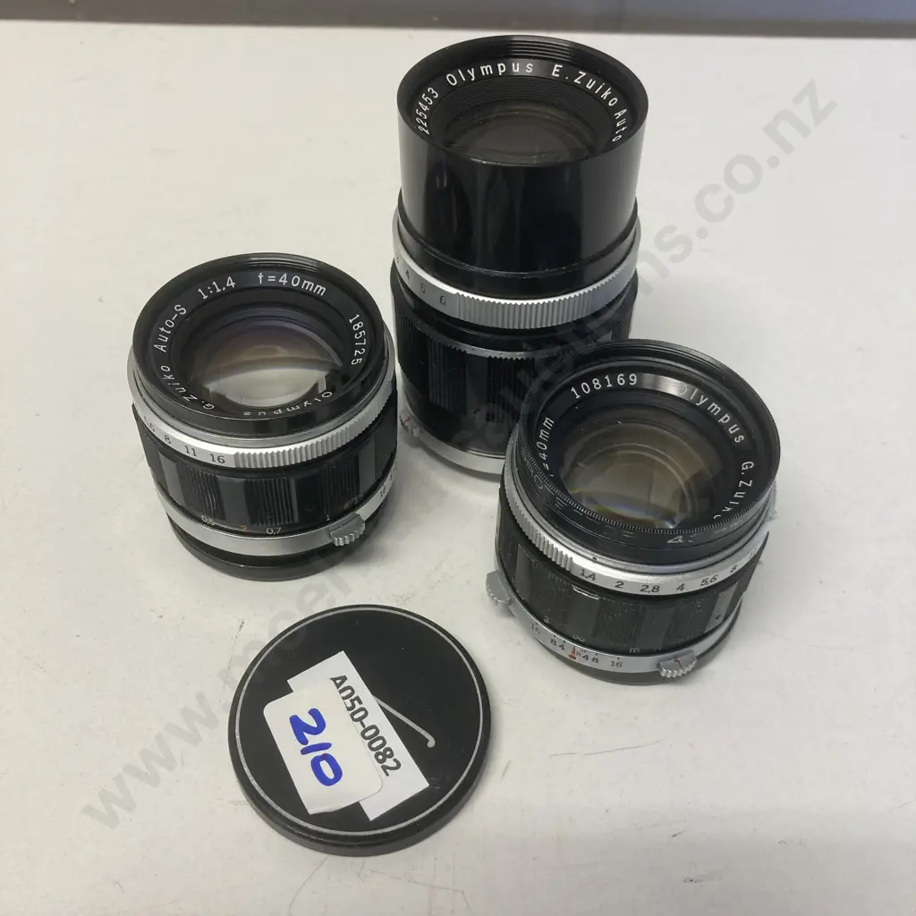 Olympus Lenses - Pair of G.Zuiko 40mm f1.4 Auto-S, & E.Zuiko Auto-T 100mm f3.5 1960s Japan Image 1++