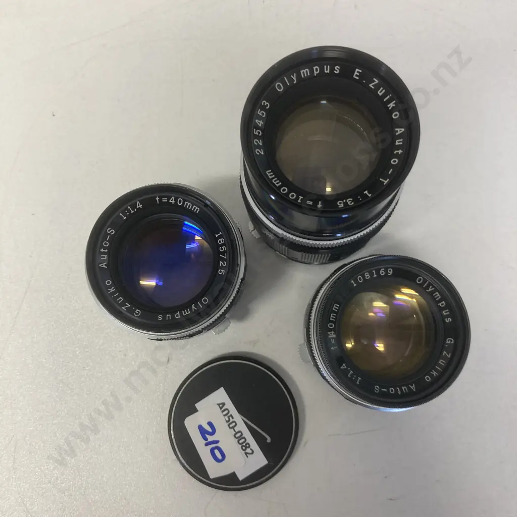 Olympus Lenses - Pair of G.Zuiko 40mm f1.4 Auto-S, & E.Zuiko Auto-T 100mm f3.5 1960s Japan Image 1++