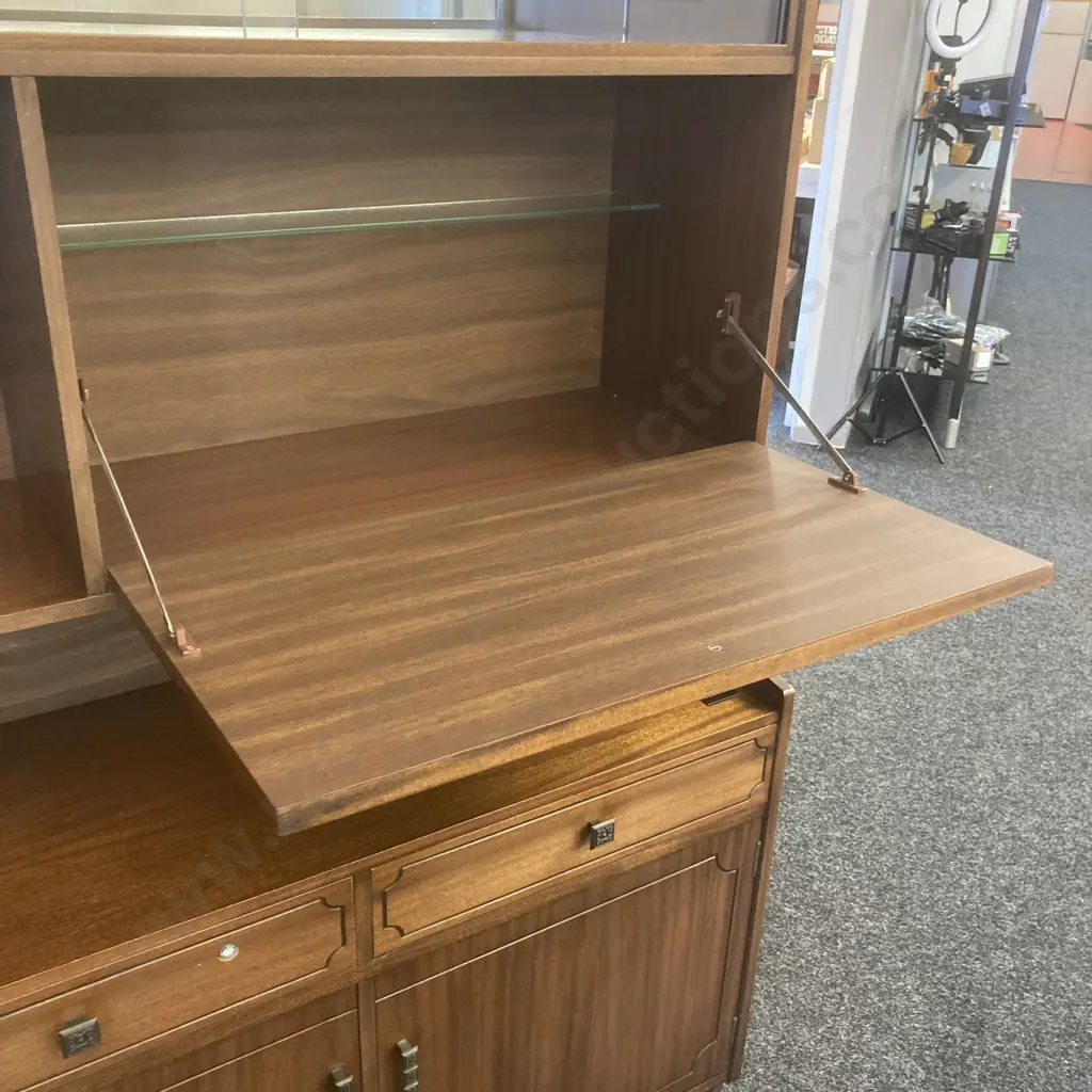 Mahogany Wall Unit Cocktail / Display Cabinet, Glass Doors, Mirror Backed, Locking Drawer With Key. H180 W106 D39cm Image 1++