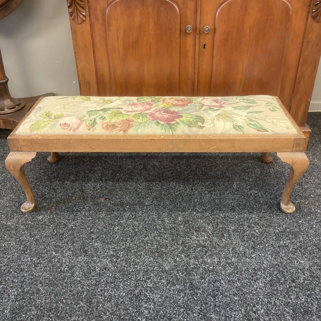 Antique Queen Anne Style Bench With Tapestry Top. H30 W101 D39.5cm Image 1++