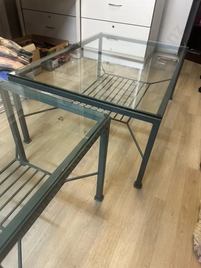 Green Metal & Glass Top Coffee Table & Occasion Tables With Undershelf. H45 W110 D76cm & H49 W50 D50cm Image 1++