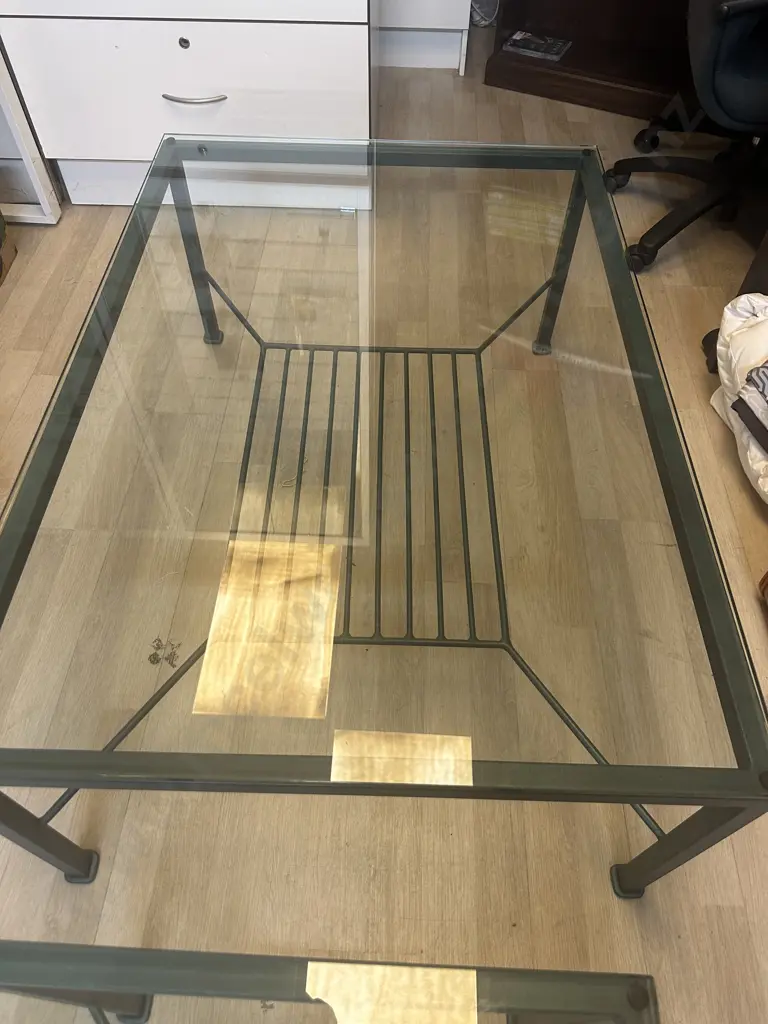 Green Metal & Glass Top Coffee Table & Occasion Tables With Undershelf. H45 W110 D76cm & H49 W50 D50cm Image 1++