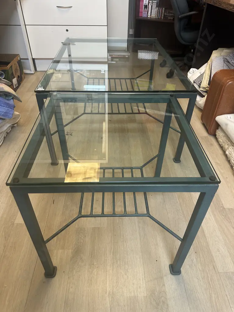Green Metal & Glass Top Coffee Table & Occasion Tables With Undershelf. H45 W110 D76cm & H49 W50 D50cm Image 1++