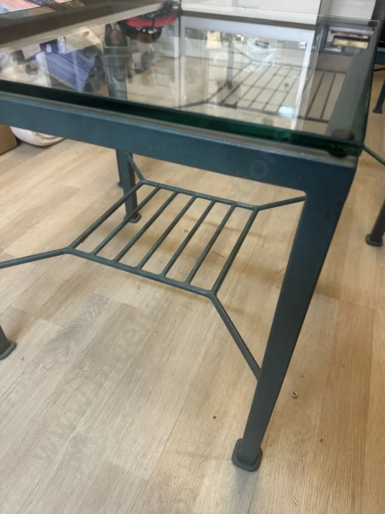 Green Metal & Glass Top Coffee Table & Occasion Tables With Undershelf. H45 W110 D76cm & H49 W50 D50cm Image 1++