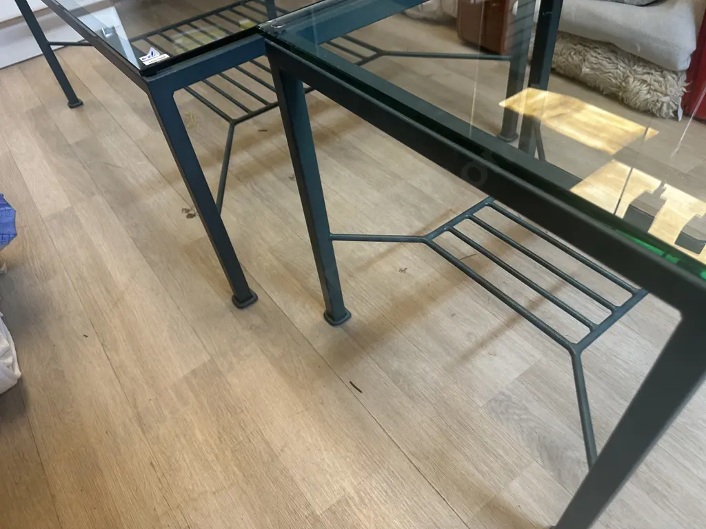 Green Metal & Glass Top Coffee Table & Occasion Tables With Undershelf. H45 W110 D76cm & H49 W50 D50cm Image 1++