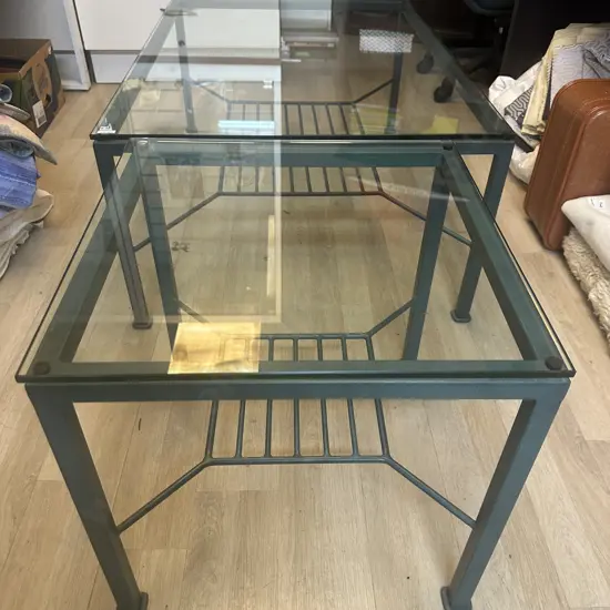 Green Metal & Glass Top Coffee Table & Occasion Tables With Undershelf. H45 W110 D76cm & H49 W50 D50cm