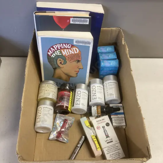 Box lot Supplements, Books, Makeup Etc