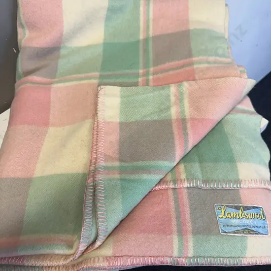 Pair of Woollen Double Blankets Lambs Wool by Wanganui Woollen Mills Limited - Mint Green & Pink