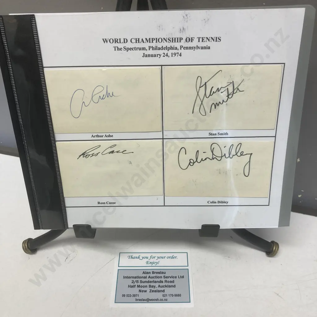 Arthur Ashe, Stan Smith, Ross Case, Colin Dibley Signed Index Cards - World Championship of Tennis, January 24, 1974 Image 1++