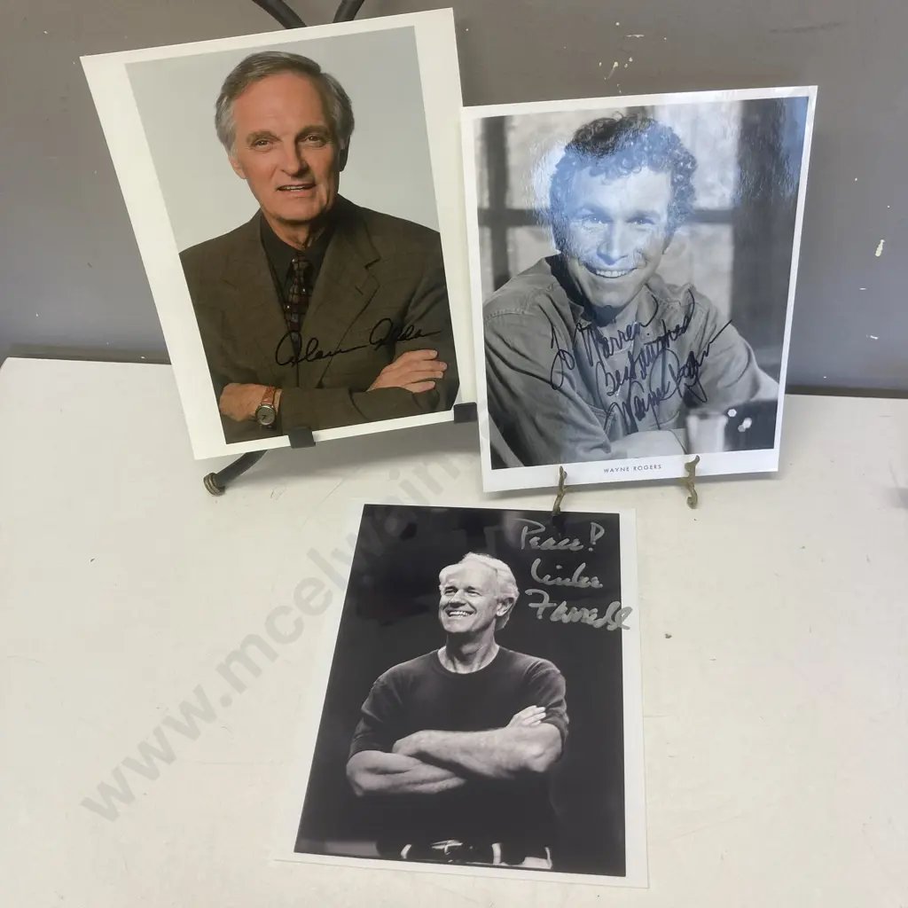 Three Signed Photos - Alan Alda 'Hawkeye', Wayne Rogers 'Trapper' Mike Farrell 'Honeycut' - MASH Image 1++