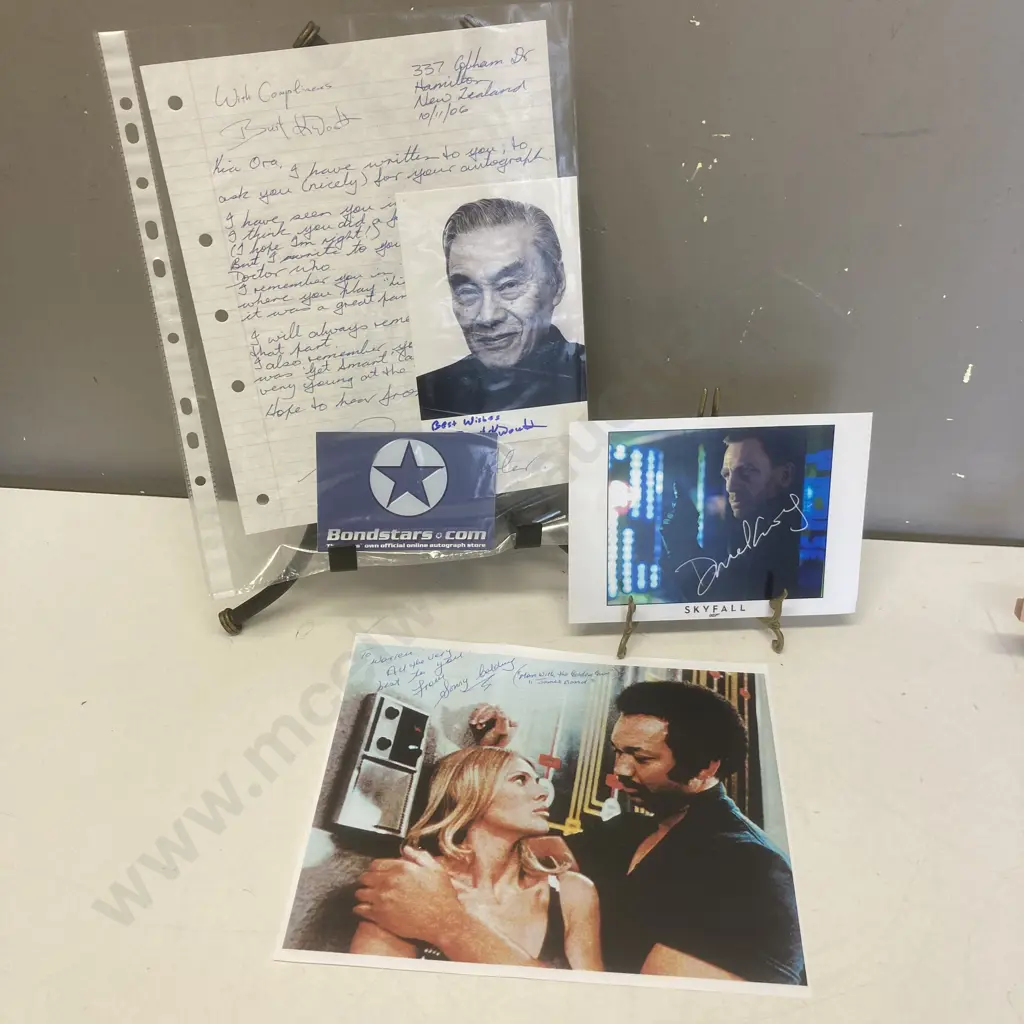 BOND Signed Photos - Daniel Craig Skyfall, Burt Kwouk (& Pink Panther), Sonny Caldinez Man With The Golden Gun Image 1++
