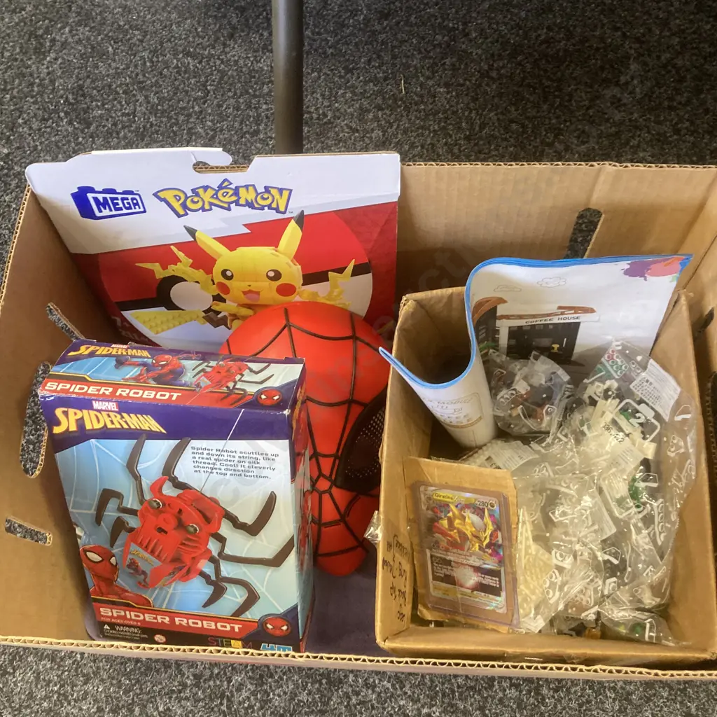 Box Lot Lego Type Items, Spider Robot, Pokemon Card, Spider Mask Image 1++