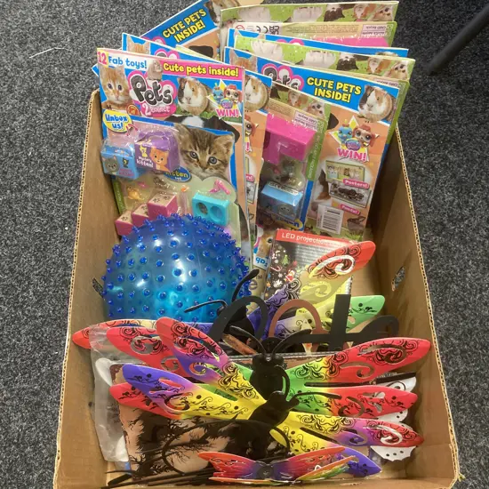 Box lot Kids Magazines, LED Projector Etc