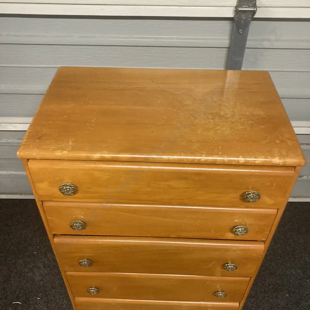 Vintage Rimu 5 Drawer Tallboy With Ornate Metal Handles. H101 W65.5 D40cm Image 1++