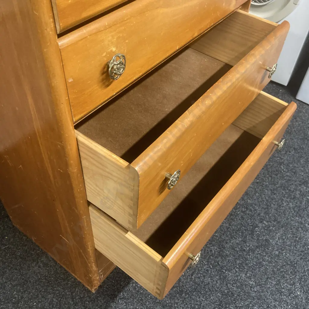 Vintage Rimu 5 Drawer Tallboy With Ornate Metal Handles. H101 W65.5 D40cm Image 1++