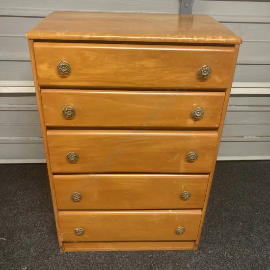 Vintage Rimu 5 Drawer Tallboy With Ornate Metal Handles. H101 W65.5 D40cm