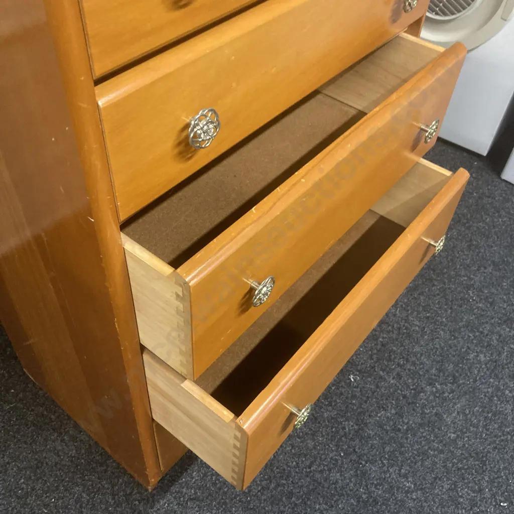 Vintage Rimu 5 Drawer Tallboy With Ornate Metal Handles. H101 W65.5 D40cm Image 1++