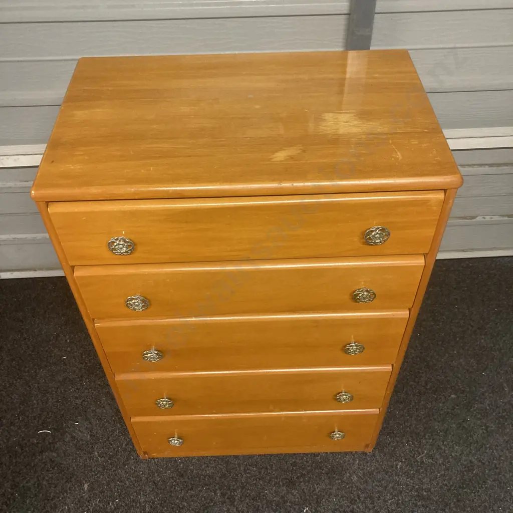 Vintage Rimu 5 Drawer Tallboy With Ornate Metal Handles. H101 W65.5 D40cm Image 1++