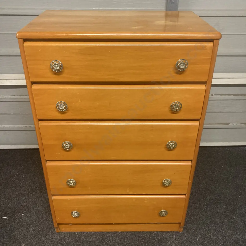 Vintage Rimu 5 Drawer Tallboy With Ornate Metal Handles. H101 W65.5 D40cm Image 1++