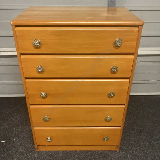 Vintage Rimu 5 Drawer Tallboy With Ornate Metal Handles. H101 W65.5 D40cm