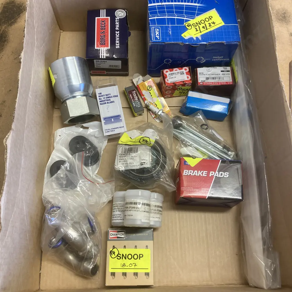 Box lot Car Parts, Spark Plugs, Pipe Fittings Etc Image 1++