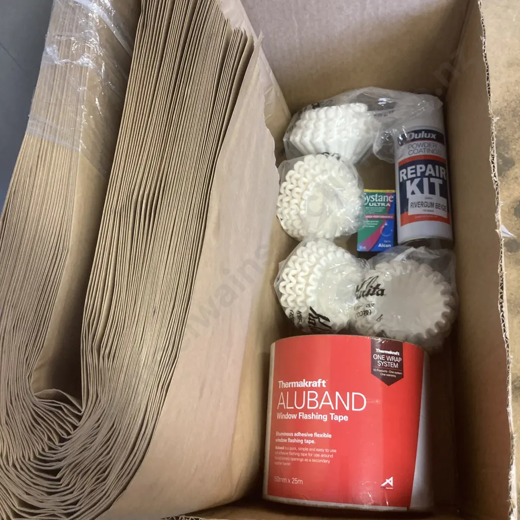 Box Lot Thermakraft Window Flashing Tape, Muffin Cups, Dulux Spray Paint, Eye Drops, Paper Bags Image 1++
