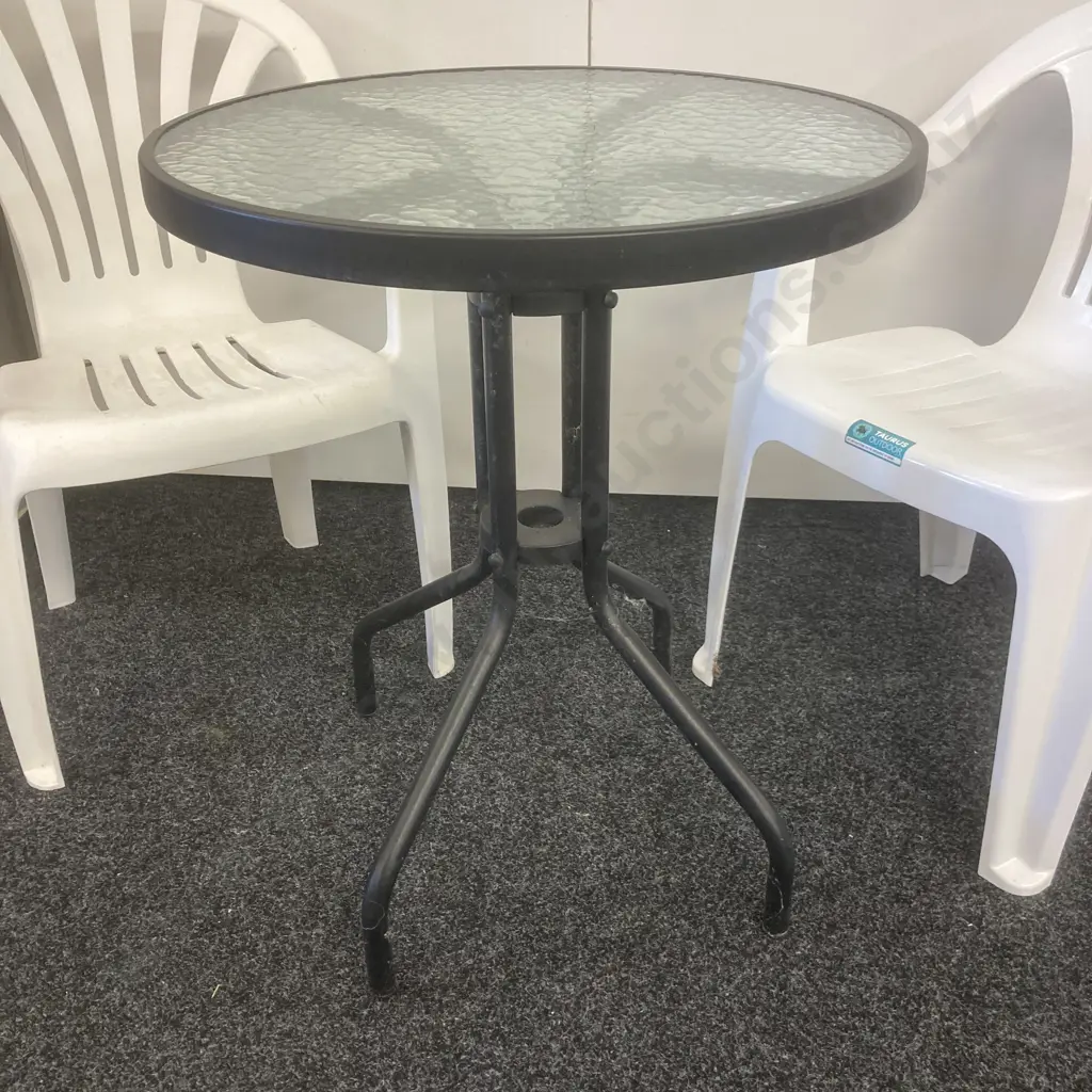 Black Metal Patio Table With Round Glass Top (Dia 60cm) With 2 White Plastic Chairs Image 1++