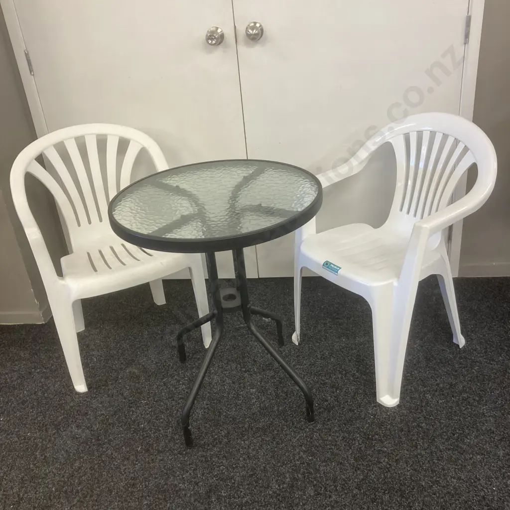 Black Metal Patio Table With Round Glass Top (Dia 60cm) With 2 White Plastic Chairs Image 1++