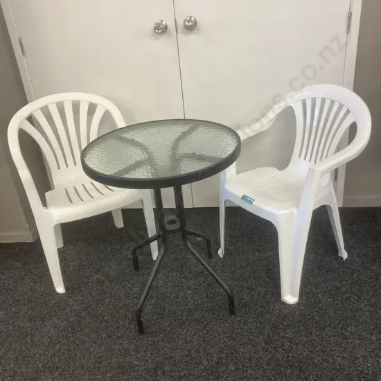 Black Metal Patio Table With Round Glass Top (Dia 60cm) With 2 White Plastic Chairs