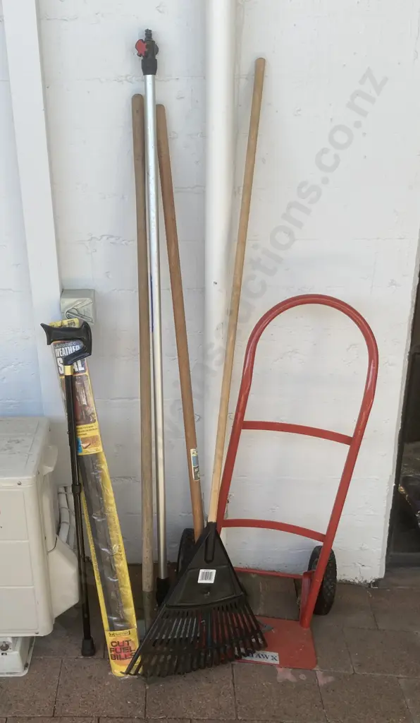 Bundle of Garden Tools, Brooms & Red Sack Barrow Image 1++